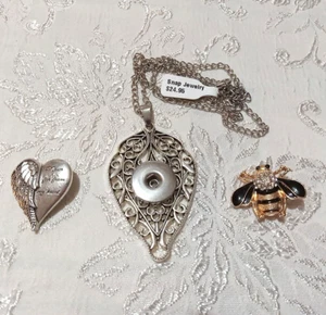 NWT NECKLACE & 2 Snap Button Charms Interchangeable Bumble Bee - Heart - Picture 1 of 8