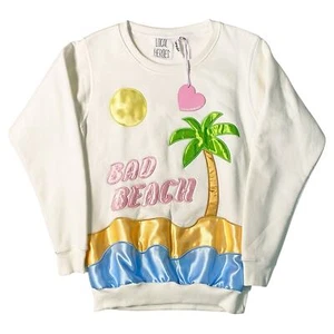 NWT Local Heroes Bad Beach Satin Appliqué Super Soft White Sweater - Picture 1 of 4