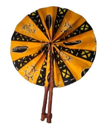   ÁFRICA Multicolor Kente Plegable VENTILADOR Asas de Cuero Ventilador Portátil .12" Desplegado Foto 1 de 4