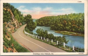 Postal de saludos de Pennsylvania/vista al río TIDIOUTE, Pennsylvania de la década de 1940 - lino - Imagen 1 de 2