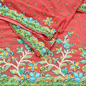 Vintage Heavy Bridal Peach Dupatta Pure Georgette Silk Hand Embroidered Hijab - Picture 1 of 22