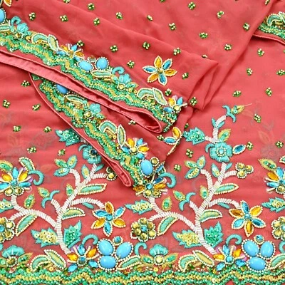 Vintage Heavy Bridal Peach Dupatta Pure Georgette Silk Hand Embroidered Hijab - Image 1 of 4