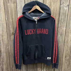 Vintage Lucky Brand Zip Up Hoodie Sweatshirt Y2K Faded Navy Blue Mens Medium - Picture 1 of 12