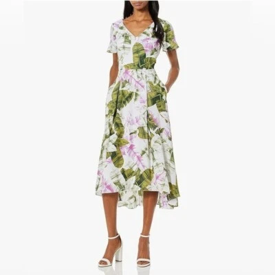 Tahari By Arthur S Levine Floral High Low Midi Dress Sz 12 Pleated Side Pockets - Image 1 of 4