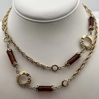 "Collar Sarah Coventry de colección años 60 cuentas de barril de vidrio ámbar ornamentado entrelazado 32""" Foto 1 de 4