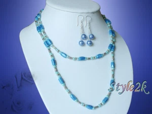 Magnetic Necklace Earrings Set Bracelet 36" Neck collar Blue Azure Hematite Gift - Picture 1 of 3