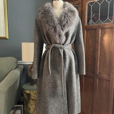 Vintage 1970s Penny Lane Tweed Wool Coat Faux Fur, Ankle Length! Retro Gray - Image 1 of 4
