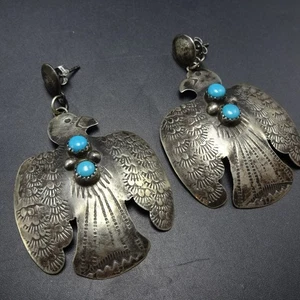 Navajo T. YAZZIE Sterling Silber TÜRKIS DONNERVOGEL OHRRINGE durchbohrt - Bild 1 von 15