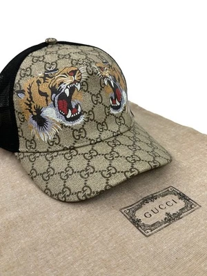 Gucci GG Monogram Tiger Print Mesh Baseball Cap Hat Beige Size L - Image 1 of 4