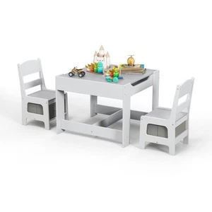 Babyjoy Kids Table Chairs Set w/ Storage Box Blackboard Whiteboard Drawing Grey - Picture 1 of 12