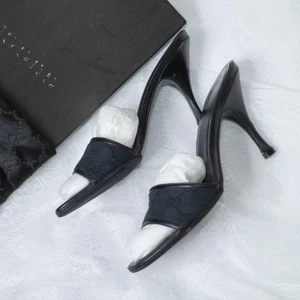 Gucci Sandals Pumps Shoes Mules GG Canvas Black Leather Ladies Size US4.5 22cm - Picture 1 of 11