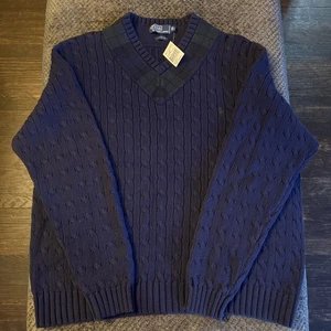 Vintage Neu mit Etikett Polo Ralph Lauren Pullover Erwachsene XL blau Tartan Cricket Sweater Zopfmuster 90er - Bild 1 von 11