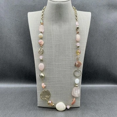 Collar Largo Distintivo Tono Oro Rosa Cuentas Materiales Mezclados Ajustable 30" Foto 1 de 4