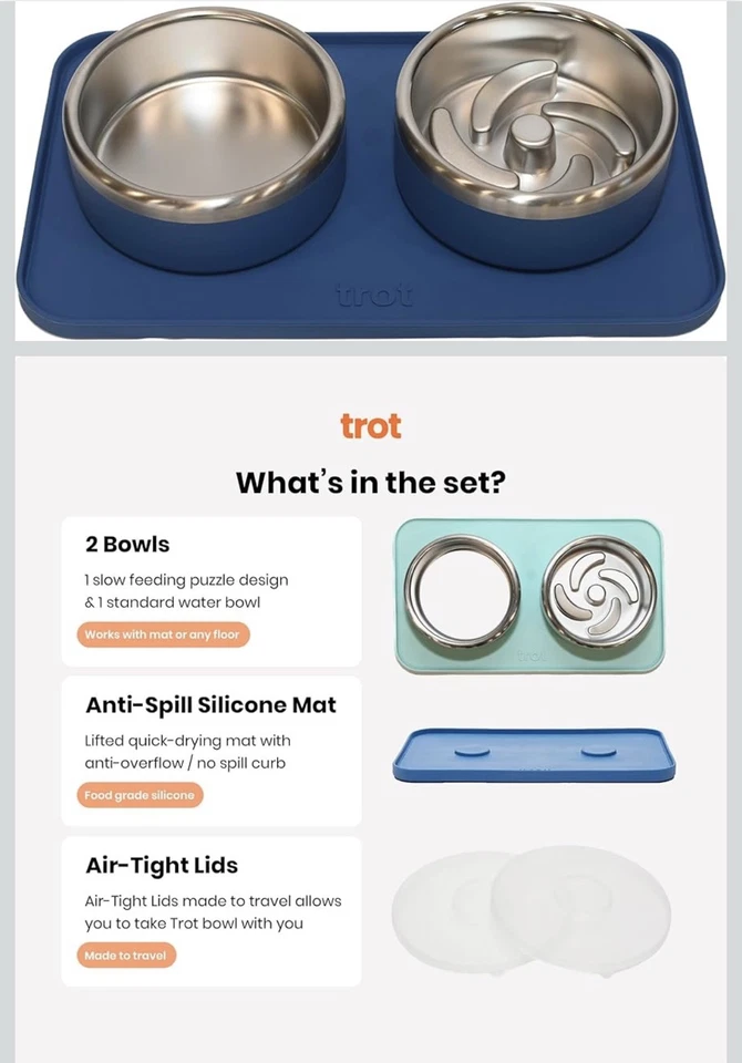 Trot Pets Dog Bowls, Small, Non-Slip Stainless Steel Slow-Feeder Bowl Set - Image 1 of 4