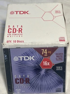 NEW 10pk TDK Vintage DATA CD-R 74 Min 650 MB 16x Speed Silver Matte Slim Cases - Image 1 of 4