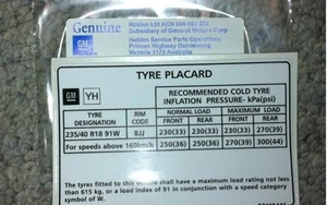 HOLDEN COMMODORE TYRE PLACARD LABEL VL TO VY S1 18 INCH WHEELS RIMS GENUINE - Picture 1 of 1