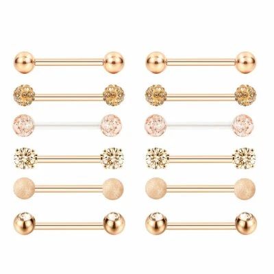 12PCS Surgical Steel CZ Nipple Tongue Rings Nipple Rings Barbell Body Piercing - Image 1 of 4
