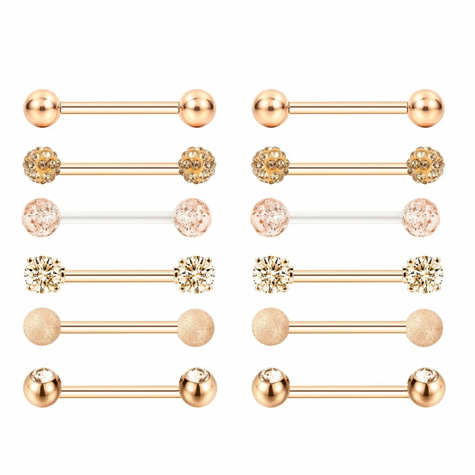 12PCS Surgical Steel CZ Nipple Tongue Rings Nipple Rings Barbell Body Piercing - Image 1 of 4