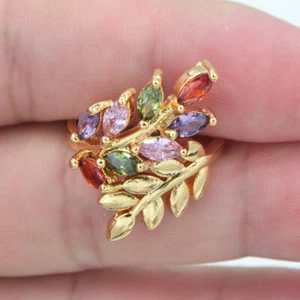 18K Yellow Gold Filled Women Multicolor Mystic Topaz Leaf Ring Jewelry - Picture 1 of 2