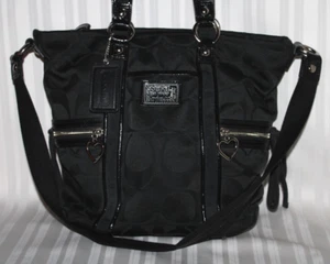 Coach Poppy F20101 Black Satin C Logo/ Blk Leather Trim Top Handle Shoulder Bag - Picture 1 of 11