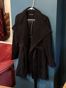 Vintage 70er Jahre Calvin Klein Black Wool Belted Pea Coat Jacke, Gr. S - Bild 1 von 5