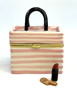 Porcelain Hinged Trinket Box Pink And White Striped Purse With Lipstick & Comb - Picture 1 of 7