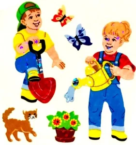 Glittery CHILDREN PLAYING IN GARDEN Sandylion Stickers - 1 square ~VINTAGE~ - Picture 1 of 1