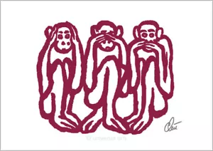 JACQUELINE DITT - 3 Wise Monkeys A3 sign.ltd.Origin.Druck Grafik Weise Affen rot - Bild 1 von 2