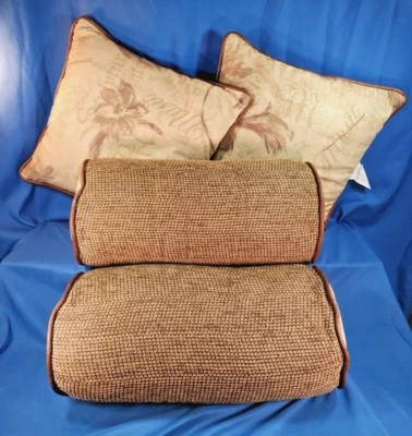 Decorative 2 Bolster Pillows & 2 Square Pillows ~ Brown/Cream - Image 1 of 4