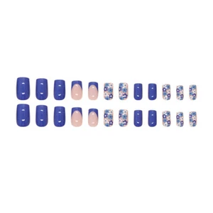 Medium Square Press-On Fake Nail Elegant Cute Flowers Blue French Manicure 24pcs - Picture 1 of 6