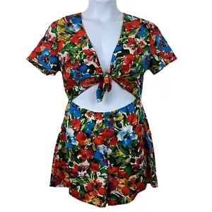 Üppiger Strampler Größe Large Blumenmuster Ausschnitte vorne zum Binden kräftig mehrfarbig Damen NEU - Bild 1 von 8