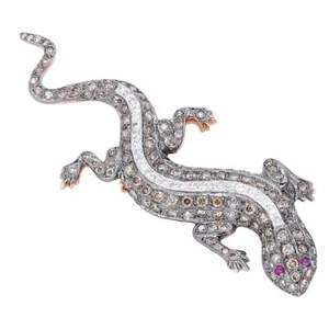 18k Yellow & White Gold 1.50CT White & Brown Diamond Lizard Ruby Eyed Brooch Pin - Picture 1 of 5