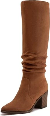 Womens Knee High Chunky Heel Boots Faux Suede Pointed Toe Side Zipper Boots - Image 1 of 2