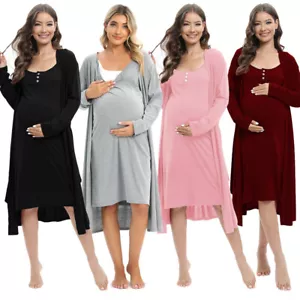 2pcs Maternity Pregnancy Nursing V-Neck Nightdress Sleepwear Dress and Robe set - Picture 1 of 48