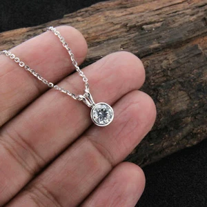 Lab Created 0.75Ct Round Cut Sapphire 14k White Gold Bezel Set Solitaire Pendant - Picture 1 of 4