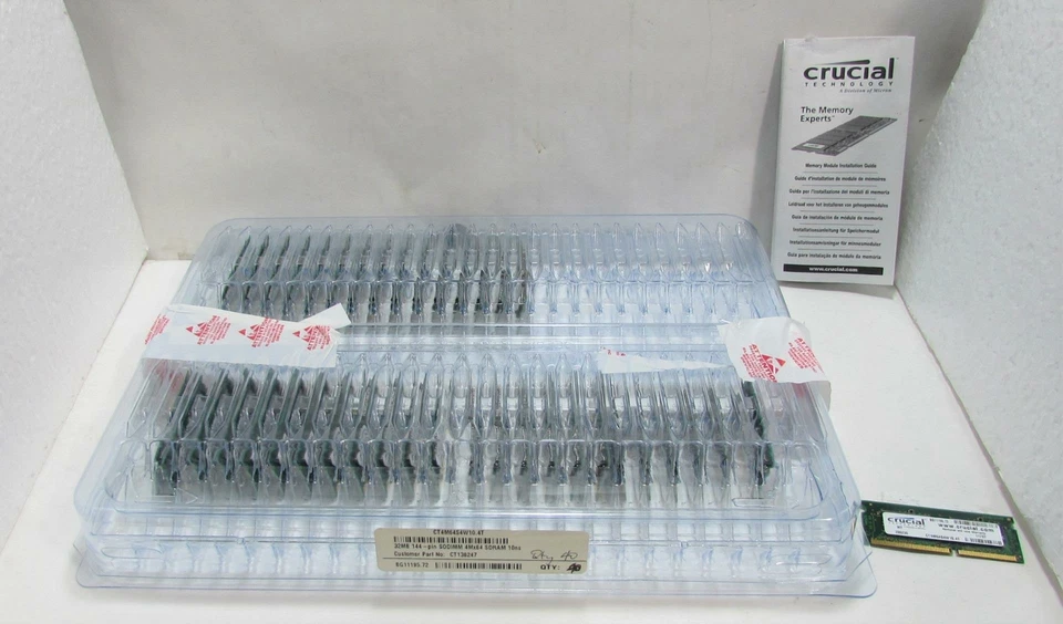 NOS 40pcs. Crucial Memory Module CT4M64S4W10.4T 32MB 144-Pin SODIMM 4Mx64 SDRAM - Image 1 of 4