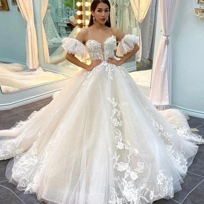 Vestido de novia mangas desmontables tren barrido novia encaje tul vestido de novia Foto 1 de 4