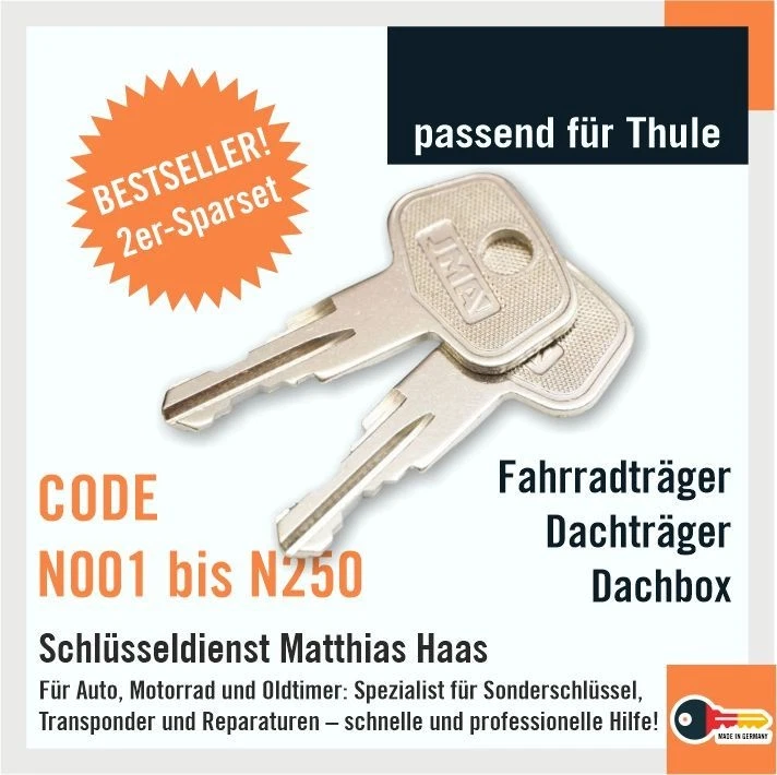JMA Ersatzschlüssel Schlüssel passend Thule Dachbox Fahrradträger 2 Stück N001-N250