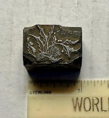 Vintage Letterpress Printing Block Holly Leaves Berries Lead - Image 1 of 3