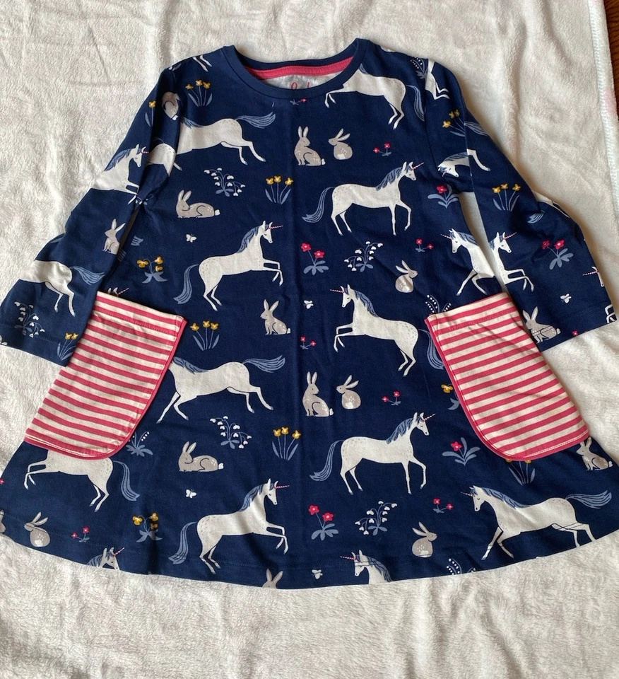 Mini Boden Swing Tunic Dress 7-8 Years Stripe Pockets Unicorn Rabbit Jersey - Image 1 of 4