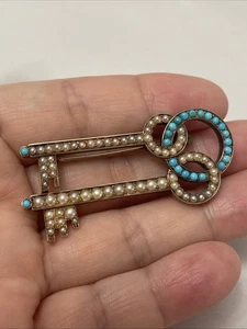 14k Rose Gold Antique Victorian Natural Pearl Turquoise Double Key Brooch - Picture 1 of 12