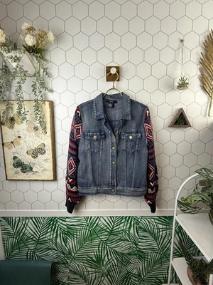 Flying Tomato Denim Jacket with Patterned Sweater Sleeves - Size - Medium - Image 1 of 4