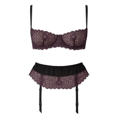 Vintage ESCANTE 2 pc lingerie set balconette bra garter belt purple lace small s - Image 1 of 4