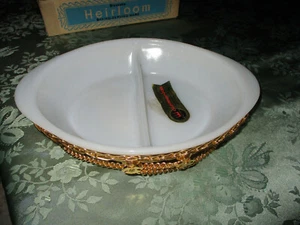 Vtg. New Glassbake Divided Dish w/ orig. box Gold Handled Stand #239 A Ex. U.S.A - Picture 1 of 9