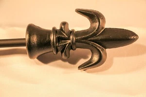 Single Drapery bar finial "fleur de lis" with 12 1/2" post cast iron black - Picture 1 of 4