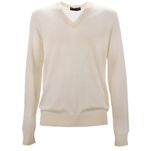 DOLCE & GABBANA DG Logo Light Cashmere V Neck Sweater Optical White 50 M L - Picture 1 of 5