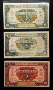 LOTE 3 PIEZAS INDOCHINA FRANCESA 5 PIASTRAS P.61,62,64 (1942-1945) - Imagen 1 de 2
