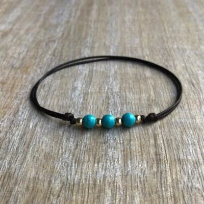 Nuevo Tobillera Smyrna Turquesa Cuentas Acentos Dorados Cordón Marrón Foto 1 de 4