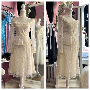 Vintage 70s Prairie Dress White High Neck Boho Victorian Wedding XXS XS - Picture 1 of 10