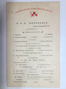 Océano Pacífico canadiense 1916 R.M.S. Menú de desayuno barco de vapor MONTEAGLE, RARO - Imagen 1 de 3